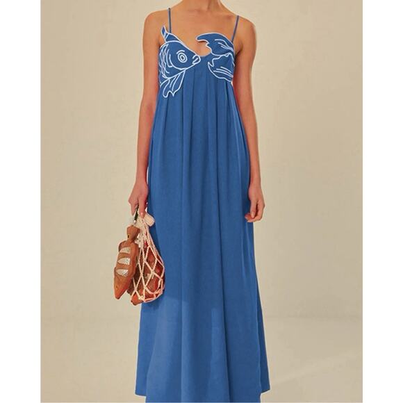 NWT Farm Rio Blue Fish Motif Maxi Dress M - Picture 1 of 3